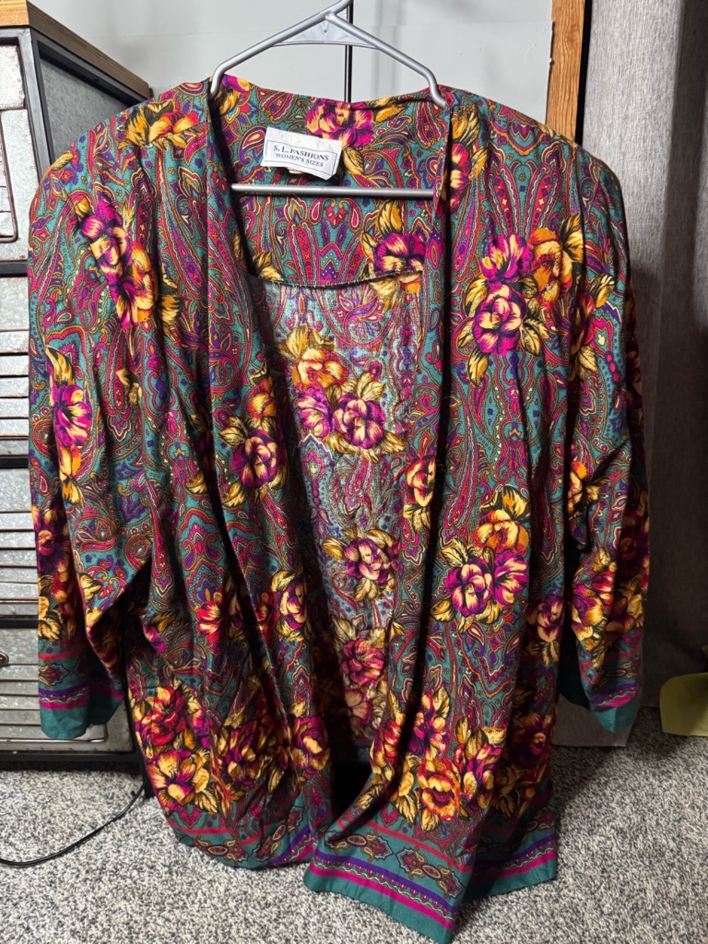 S.L. Fashions Floral Paisley Open Front Kimono Jacket - Teal & Magenta vintage